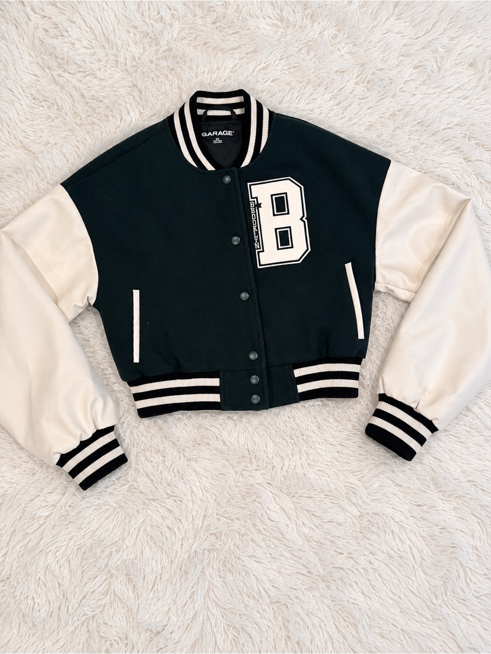 Garage Black and Cream Cropped Varsity Jacket